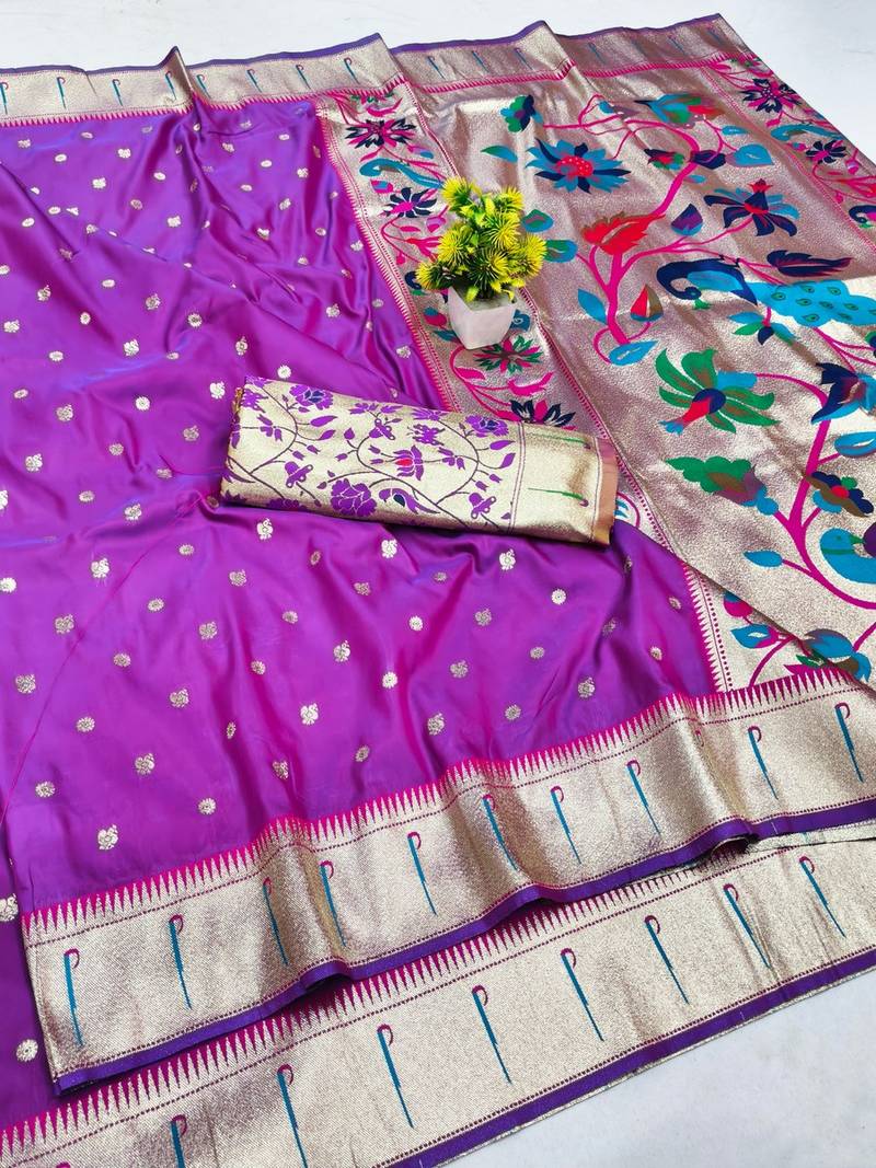 Purple zari woven paithani silk blend saree with blouse piece
