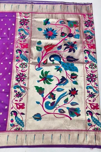 Purple zari woven paithani silk blend saree with blouse piece