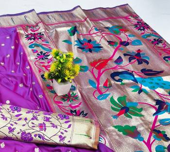 Purple zari woven paithani silk blend saree with blouse piece 3