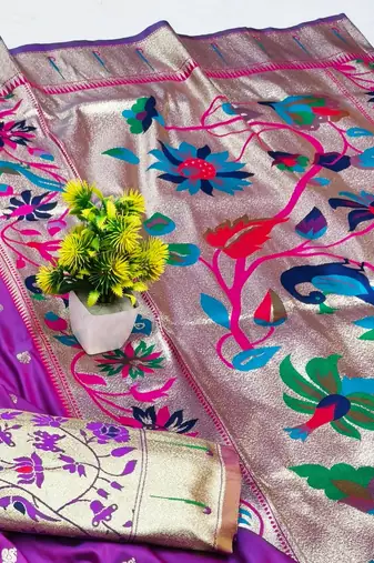 Purple zari woven paithani silk blend saree with blouse piece