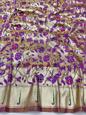 Purple zari woven paithani silk blend saree with blouse piece 4
