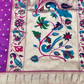 Purple zari woven paithani silk blend saree with blouse piece 5