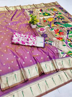 Lavender zari woven paithani silk blend saree with blouse piece 1