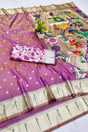Lavender zari woven paithani silk blend saree with blouse piece