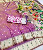 Lavender zari woven paithani silk blend saree with blouse piece