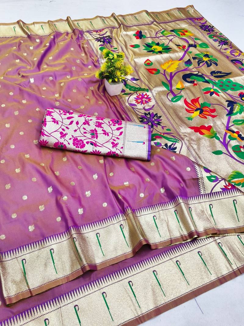 Lavender zari woven paithani silk blend saree with blouse piece