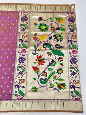 Lavender zari woven paithani silk blend saree with blouse piece 2