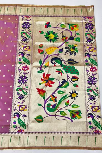 Lavender zari woven paithani silk blend saree with blouse piece