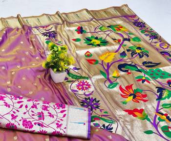 Lavender zari woven paithani silk blend saree with blouse piece 3