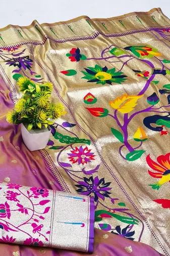 Lavender zari woven paithani silk blend saree with blouse piece