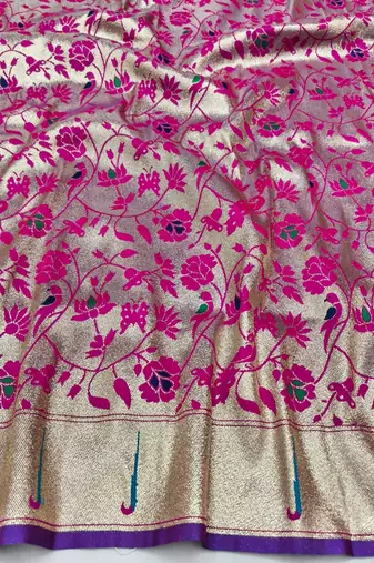 Lavender zari woven paithani silk blend saree with blouse piece