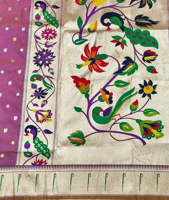 Lavender zari woven paithani silk blend saree with blouse piece 5