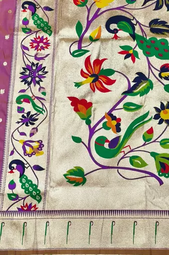 Lavender zari woven paithani silk blend saree with blouse piece