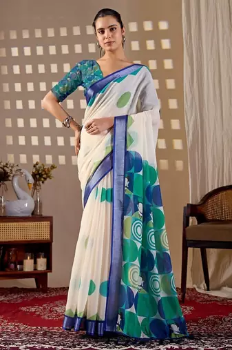 Elegant White Printed Linen Saree