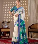 Elegant White Printed Linen Saree