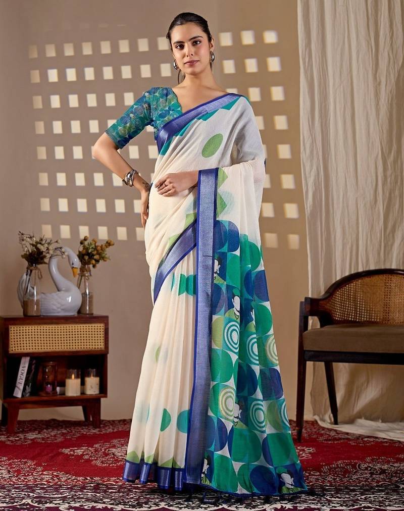 Elegant White Printed Linen Saree