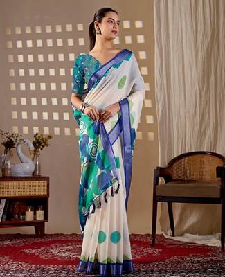 Elegant White Printed Linen Saree 2