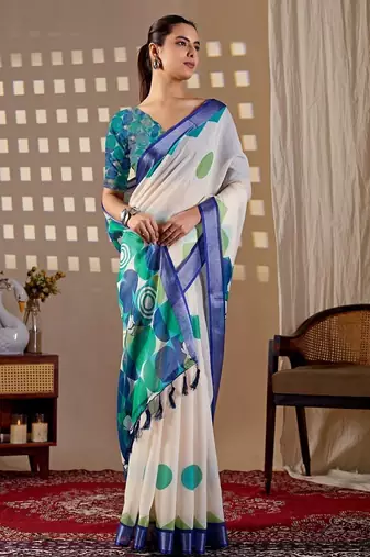 Elegant White Printed Linen Saree