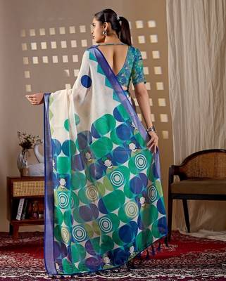 Elegant White Printed Linen Saree 3