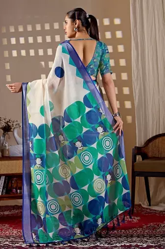 Elegant White Printed Linen Saree