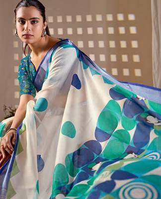 Elegant White Printed Linen Saree 4
