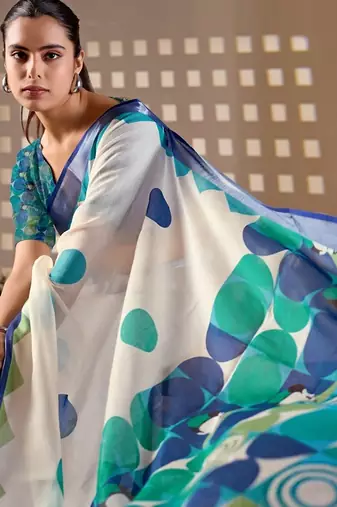 Elegant White Printed Linen Saree