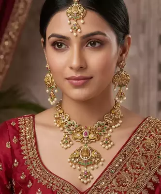Antique Matte Lakshmi Necklace Set with Peacock Earrings & Maang Tika – Traditional Indian Bridal Jewelry 1