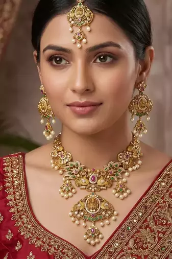 Antique Matte Lakshmi Necklace Set with Peacock Earrings & Maang Tika – Traditional Indian Bridal Jewelry