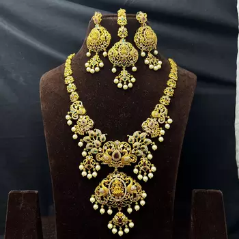 Antique Matte Lakshmi Necklace Set with Peacock Earrings & Maang Tika – Traditional Indian Bridal Jewelry 2