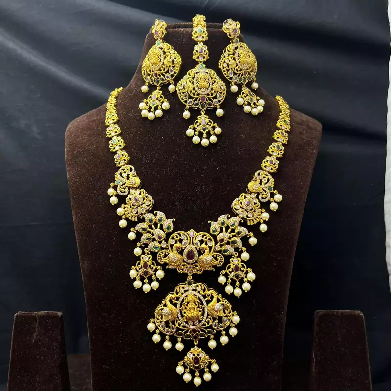 Antique Matte Lakshmi Necklace Set with Peacock Earrings & Maang Tika – Traditional Indian Bridal Jewelry