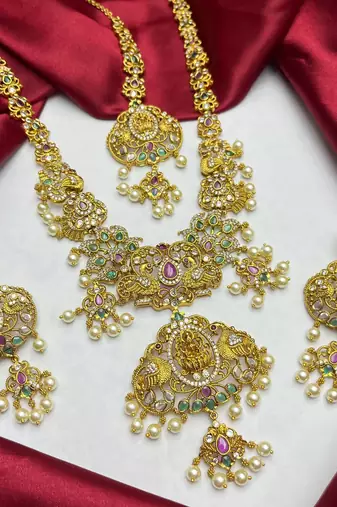 Antique Matte Lakshmi Necklace Set with Peacock Earrings & Maang Tika – Traditional Indian Bridal Jewelry