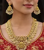 Antique Gold Temple Jewelry Set – Goddess Lakshmi Haram Necklace, Pearl Earrings