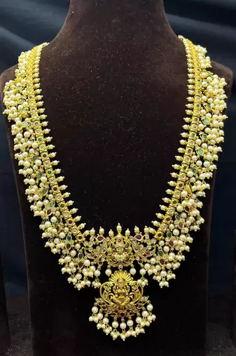 Antique Gold Temple Jewelry Set – Goddess Lakshmi Haram Necklace, Pearl Earrings