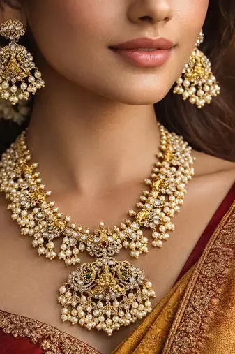Antique Gold Temple Jewelry Set: Lakshmi Haram Necklace, Jhumka Earrings, Guttapusalu Pearls