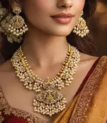 Antique Gold Temple Jewelry Set: Lakshmi Haram Necklace, Jhumka Earrings, Guttapusalu Pearls