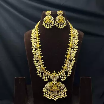 Antique Gold Temple Jewelry Set: Lakshmi Haram Necklace, Jhumka Earrings, Guttapusalu Pearls 2