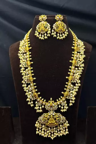 Antique Gold Temple Jewelry Set: Lakshmi Haram Necklace, Jhumka Earrings, Guttapusalu Pearls