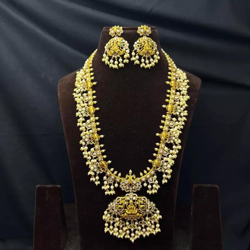 Antique Gold Temple Jewelry Set: Lakshmi Haram Necklace, Jhumka Earrings, Guttapusalu Pearls