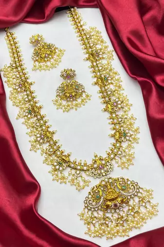 Antique Gold Temple Jewelry Set: Lakshmi Haram Necklace, Jhumka Earrings, Guttapusalu Pearls