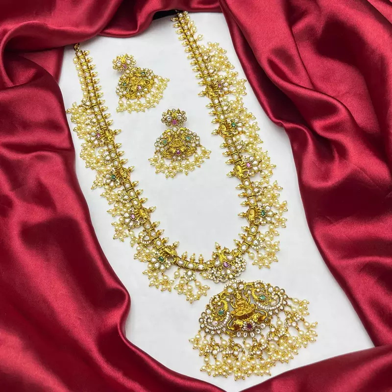 Antique Gold Temple Jewelry Set: Lakshmi Haram Necklace, Jhumka Earrings, Guttapusalu Pearls