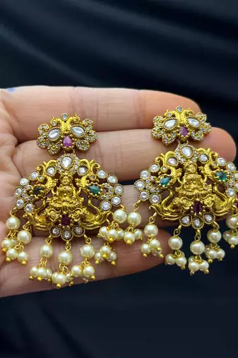 Antique Gold Temple Jewelry Set: Lakshmi Haram Necklace, Jhumka Earrings, Guttapusalu Pearls