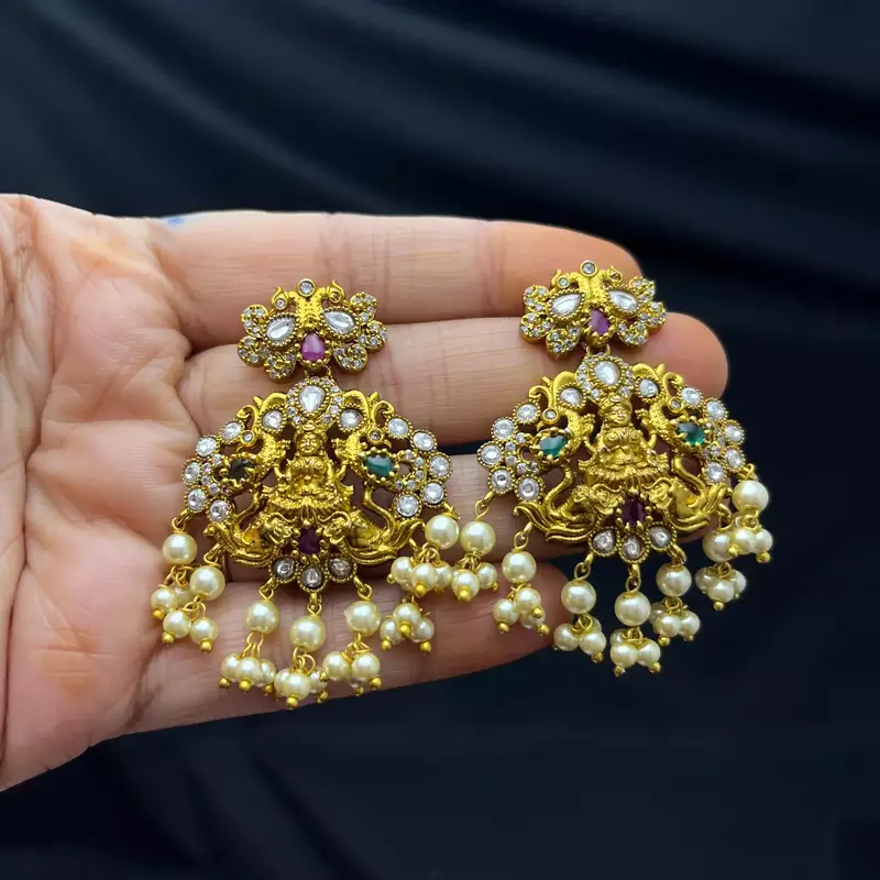 Antique Gold Temple Jewelry Set: Lakshmi Haram Necklace, Jhumka Earrings, Guttapusalu Pearls