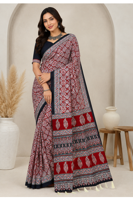 red ajarakh print with mirror crepe silk saree 1