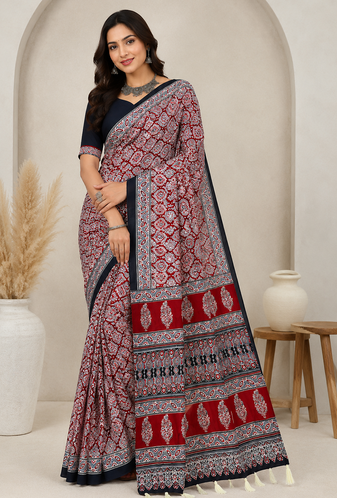 red ajarakh print with mirror crepe silk saree