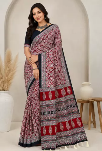 red ajarakh print with mirror crepe silk saree