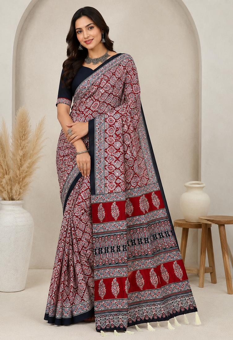 red ajarakh print with mirror crepe silk saree