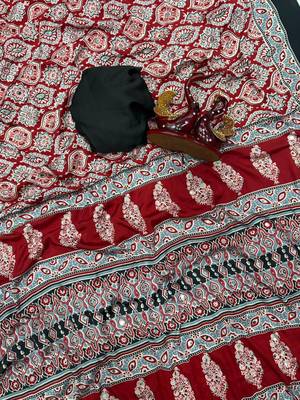red ajarakh print with mirror crepe silk saree 2