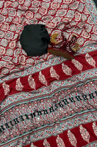 red ajarakh print with mirror crepe silk saree