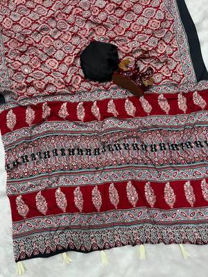 red ajarakh print with mirror crepe silk saree 3