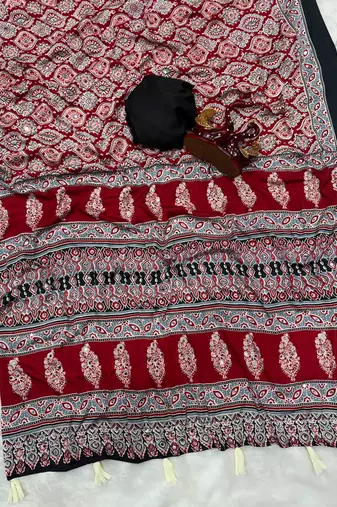 red ajarakh print with mirror crepe silk saree
